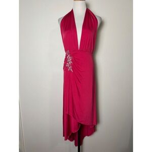 Muzzanghee VTG 90s Asymmetric Plunge V-Neck Midi Dress L Sexy Slinky Cocktail‎